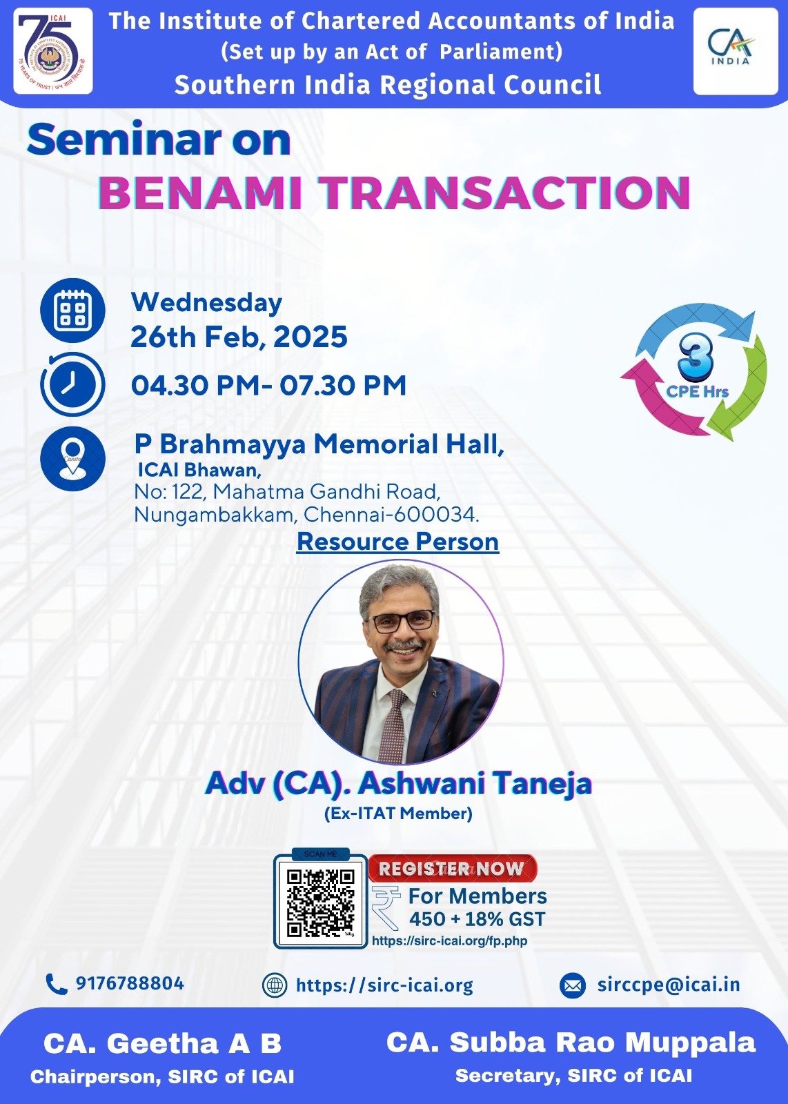 Seminar on Benami Transactions @Brahmayya Memorial Hall, ICAI Bhawan, Nungambakkam, Chennai.