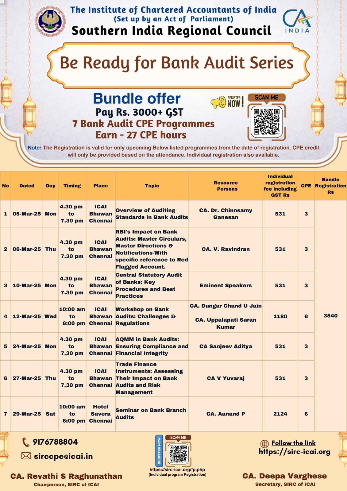 Bank Audit Series (Bundled Programmes): All programmes @ ICAI Bhawan and 29th March 2025 programme @ Hotel Savera, Mylapore, Chennai